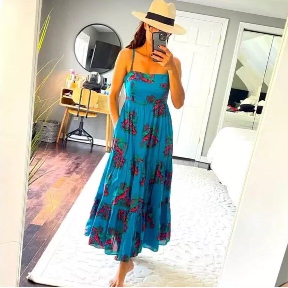J crew Floral Blue with Red Lobsters Maxi Dress size OP runs like size small